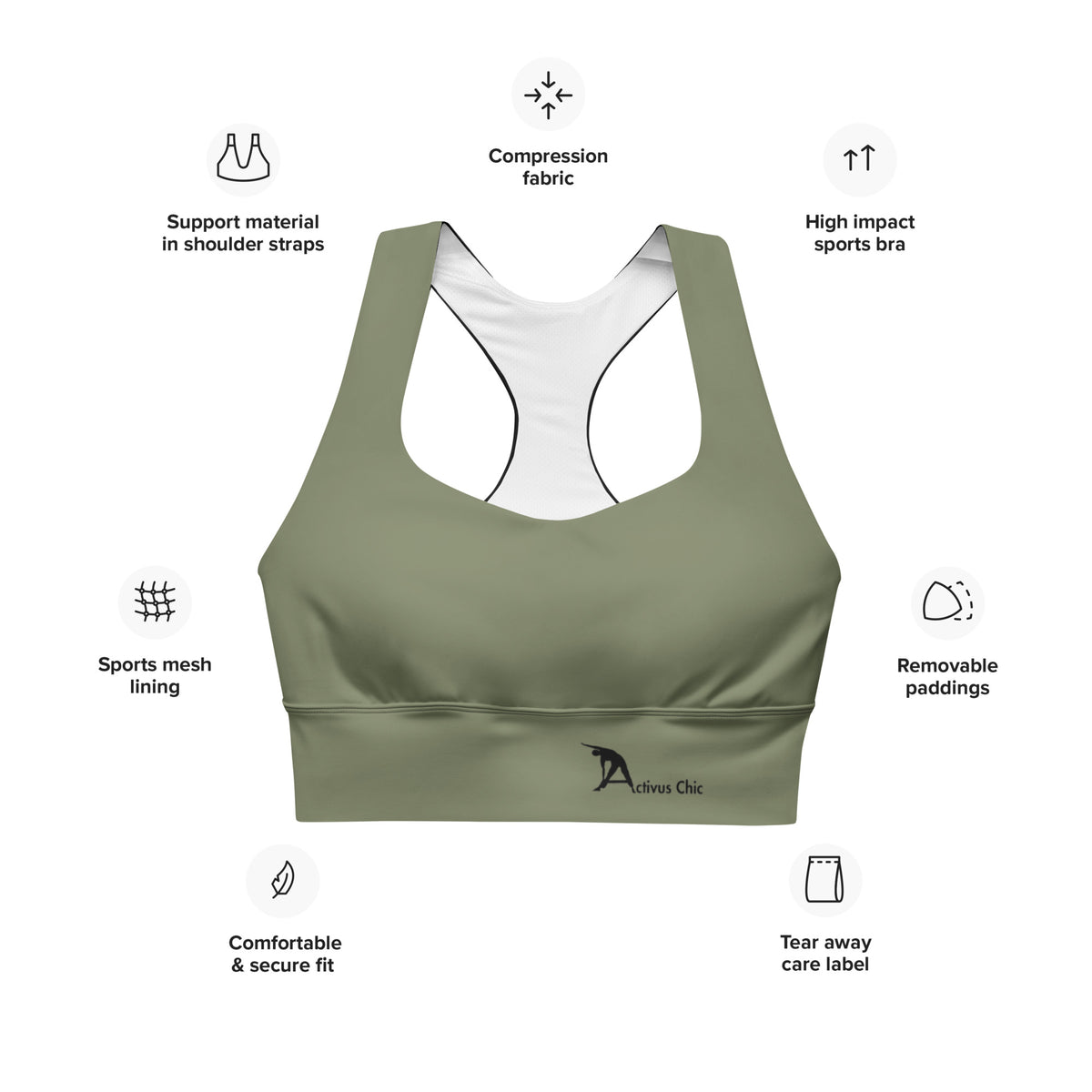 Military green Longline sports bra