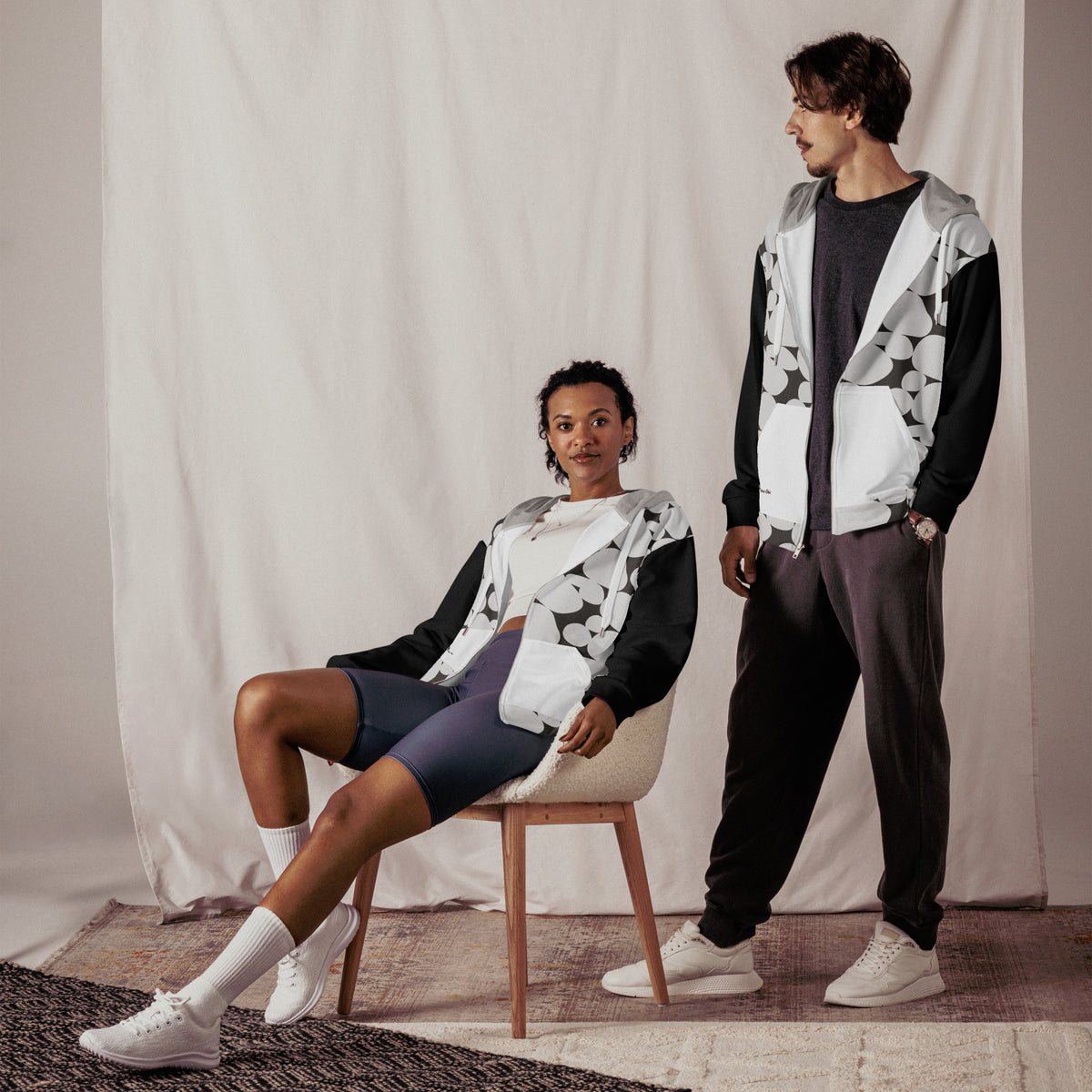 Two Print Black and White Unisex zip hoodie
