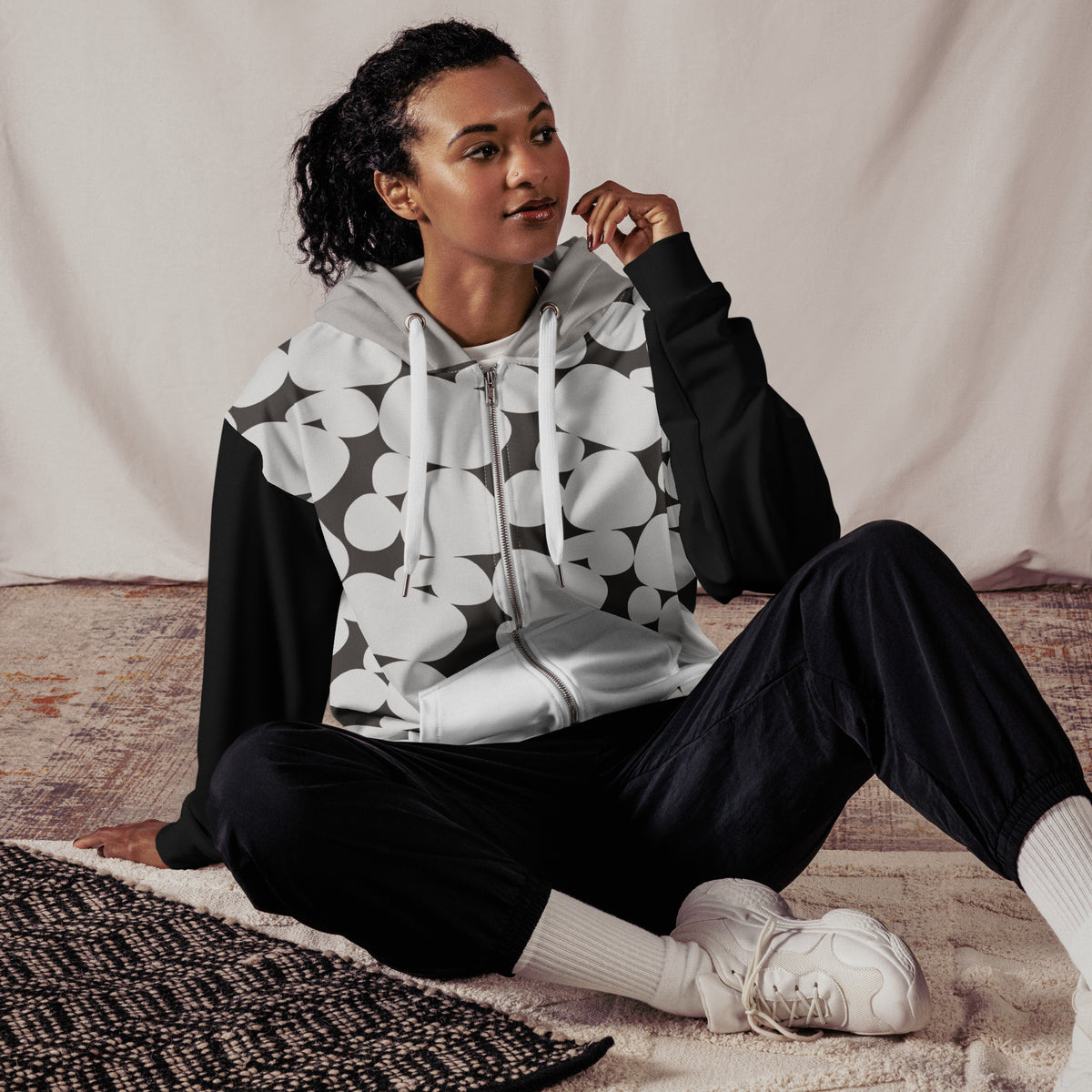 Two Print Black and White Unisex zip hoodie