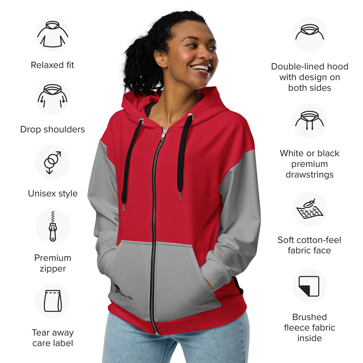 Red, Black, and Gray Unisex zip hoodie